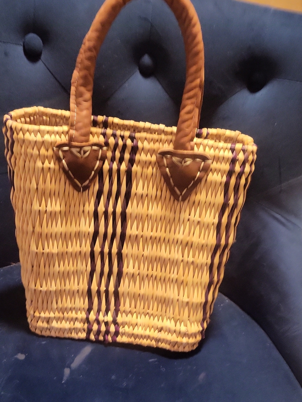 Woven Straw Tote Bag with Brown Trim - Lightweight Summer Handbag